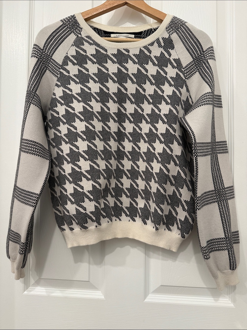 Anthropologie Cream and Black Houndstooth Crewneck Sweater